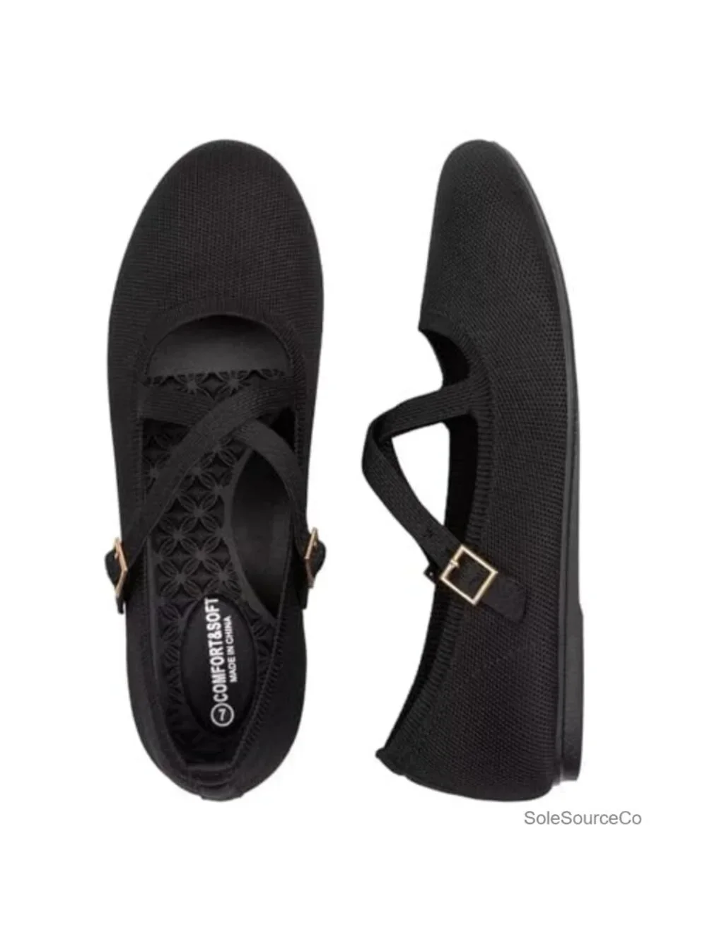 Women's Knit Mary Jane Flats with Adjustable Strap & Arch Support